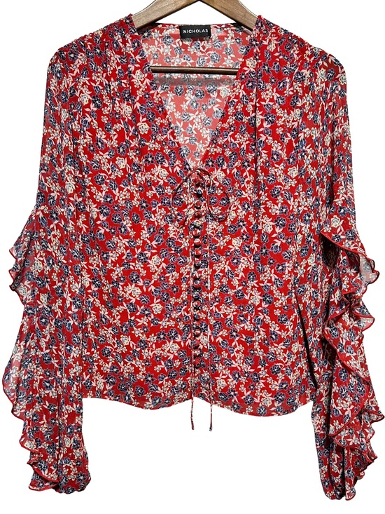 NICHOLAS Tops - NICHOLAS 100% Silk Red Floral Blouse Ruffle Bell Sleeve Lace Up Sheer XS
